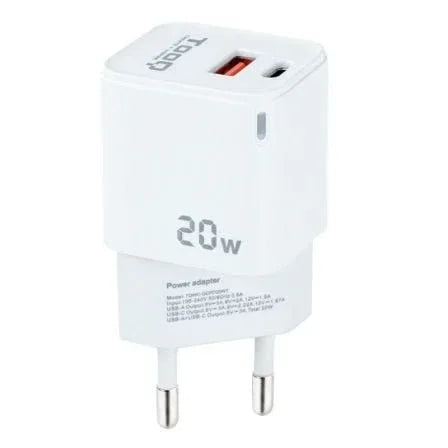 Cargador de Pared TooQ TQWC-QCPD20WT/ 1xUSB-Tipo C/ 1x USB/ 20W/ Blanco - PixelPlaza