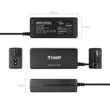 Cargador de Portátil TooQ TQLC-65BS02AT/ 65W/ Automático/ 8 Conectores/ Voltaje 18.5-20V/ 1 USB - PixelPlaza