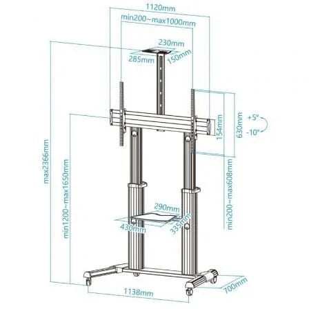 Soporte de Suelo Inclinable/ Ajustable con Ruedas TooQ FS20300M-B para TV de 60-100"/ hasta 100kg - PixelPlaza