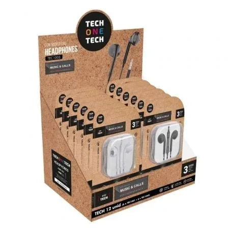 Expositor de Auriculares Tech One Tech EarTECH TEC1003 / con Micrófono/ Jack 3.5/ Incluye 6 Auriculares Blancos y 6 Auriculares Negros - PixelPlaza