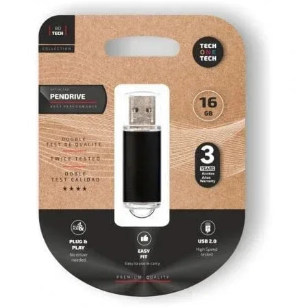 Pendrive 16GB Tech One Tech Basic USB 2.0/ Negro - PixelPlaza