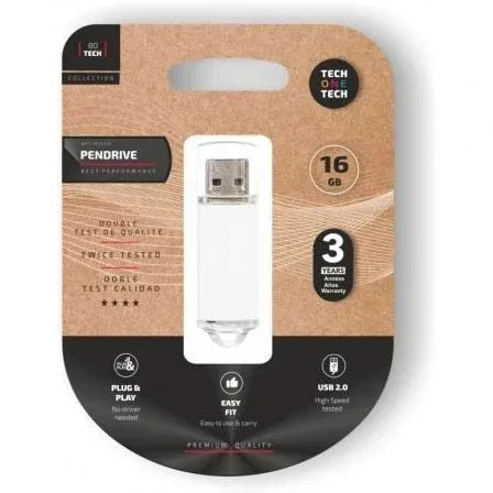 Pendrive 16GB Tech One Tech Basic USB 2.0/ Blanco - PixelPlaza
