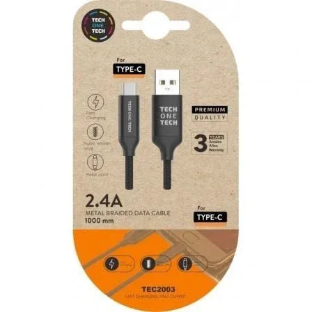 Cable USB 2.0 Tipo-C Tech One Tech TEC2003/ USB Tipo-C Macho - USB Macho/ 480Mbps/ 1m/ Negro - PixelPlaza