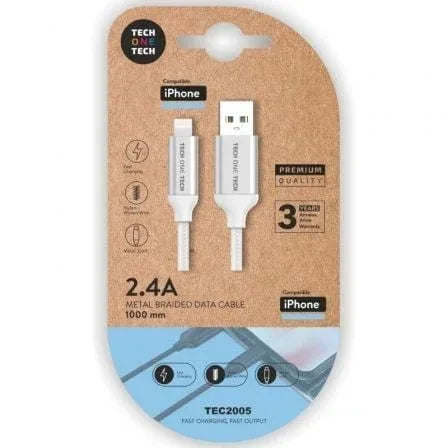 Cable USB 2.0 Tech One Tech TEC2005/ USB Macho - Lightning Macho/ 1m/ Blanco - PixelPlaza