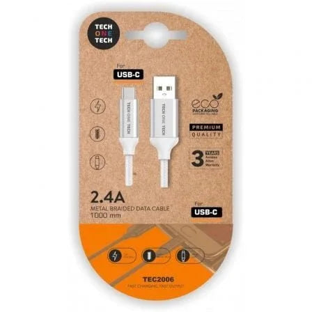 Cable USB 2.0 Tech One Tech TEC2006/ USB Tipo-C Macho - USB Macho/ 480Mbps/ 1m/ Blanco - PixelPlaza