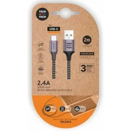 Cable USB 2.0 Tipo-C Tech One Tech TEC2023/ USB Tipo-C Macho - USB Macho/ 2m/ Gris - PixelPlaza
