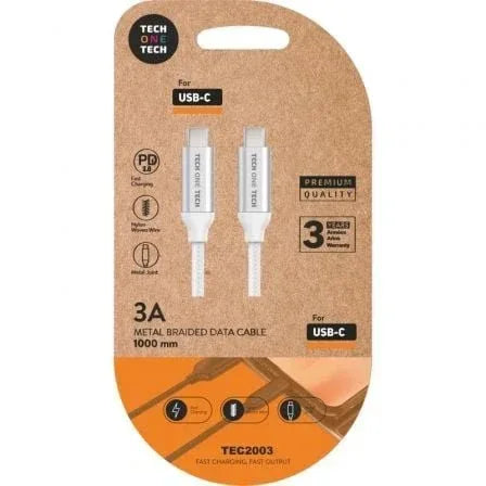 Cable USB 2.0 Tipo-C Tech One Tech TEC2204/ USB Tipo-C Macho - USB Tipo-C Macho/ Hasta 20W/ 480Mbps/ 1m/ Blanco - PixelPlaza