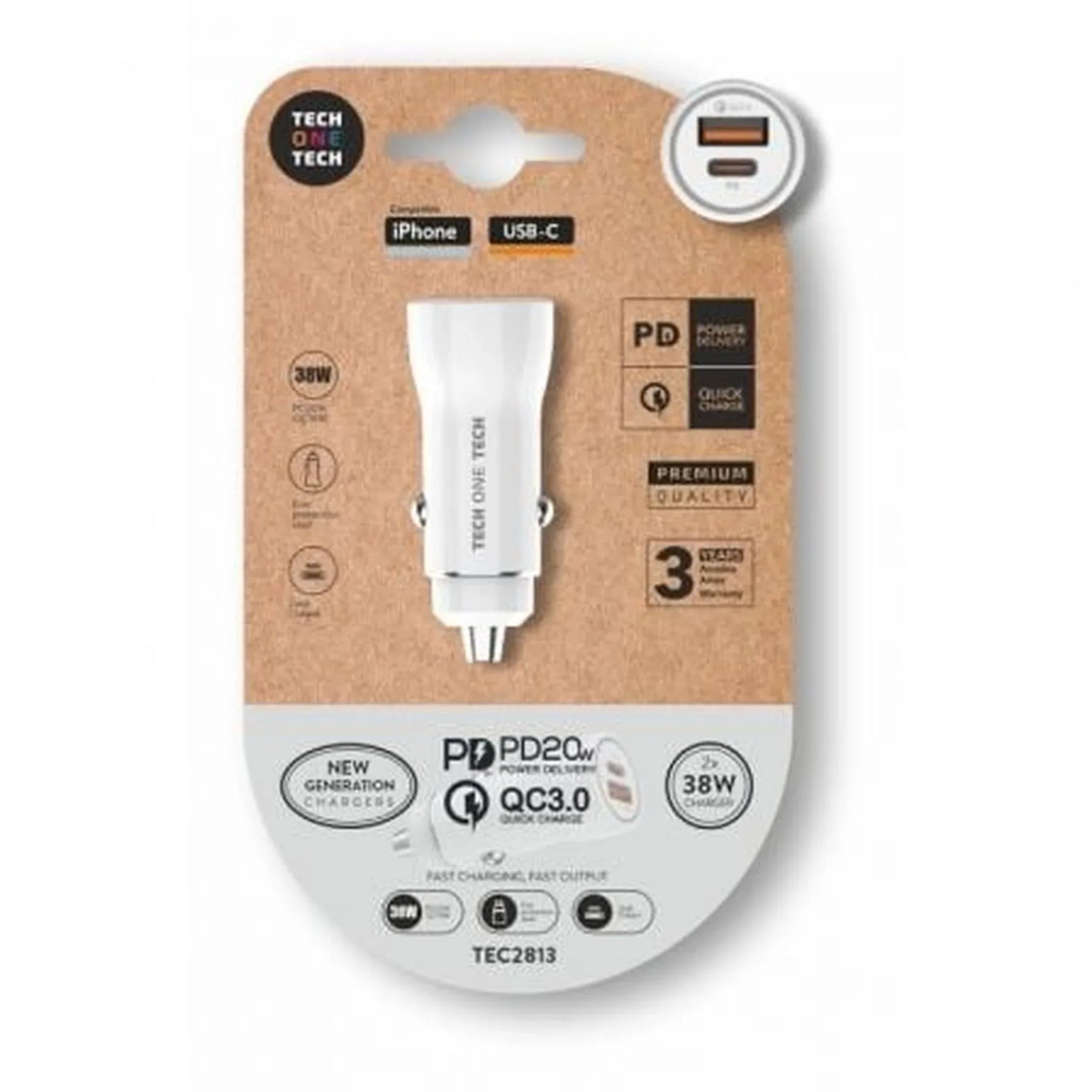 Cargador de Coche Tech One Tech TEC2813/ 1xUSB-Tipo C/ 1xUSB/ 38W - PixelPlaza