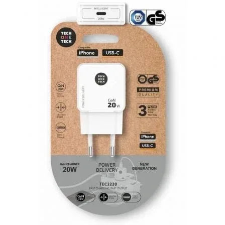 Cargador de Pared GaN Tech One Tech GaN TEC2220/ 1xUSB Tipo-C/ 20W/ Blanco - PixelPlaza