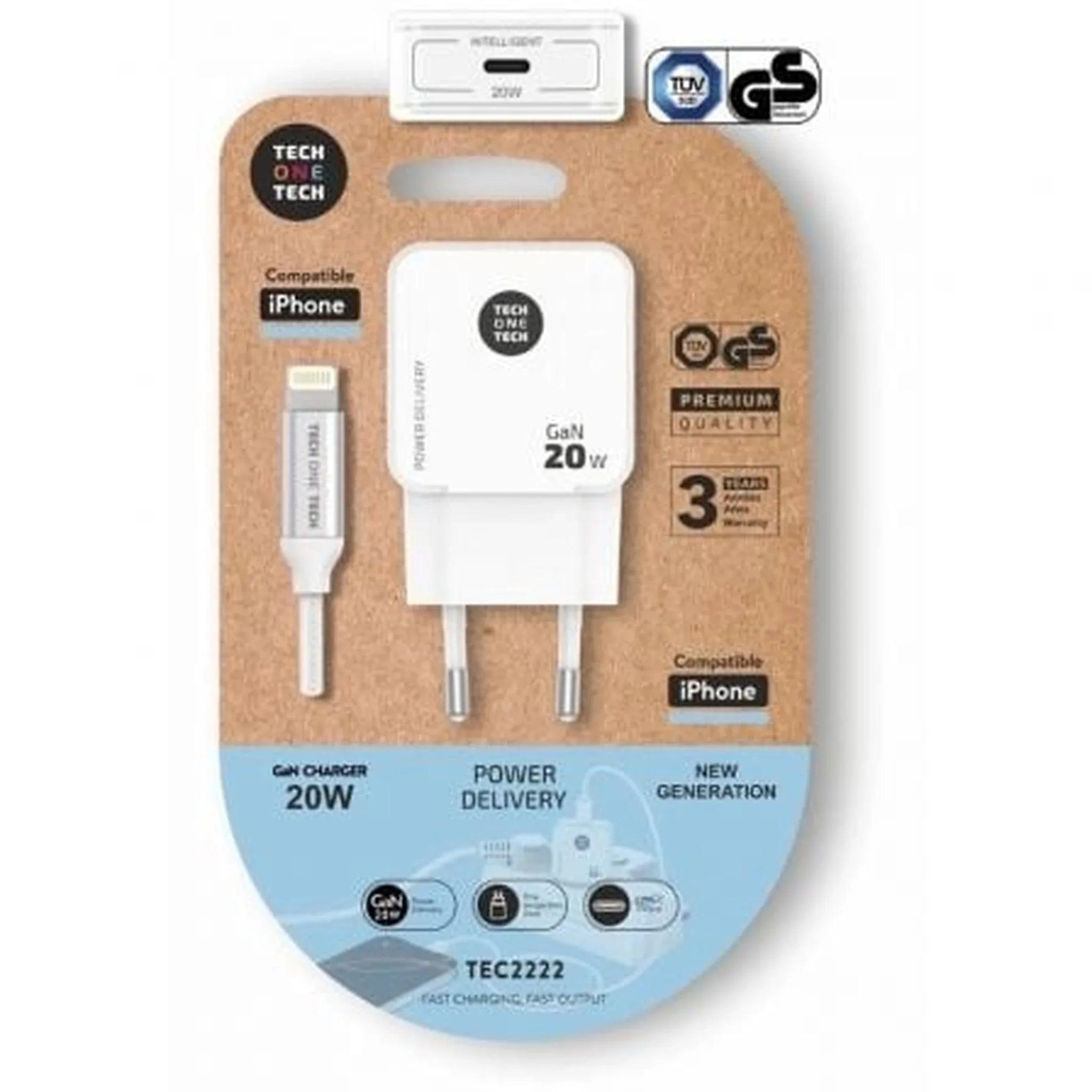 Cargador de Pared Tech One Tech TEC2222/ 1xUSB Tipo-C + Cable Lightning/ 20W/ Blanco - PixelPlaza