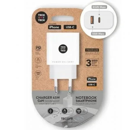 Cargador de Pared GaN Tech One Tech GaN TEC2270/ 1xUSB Tipo-C/ 1xUSB/ 65W/ Blanco - PixelPlaza