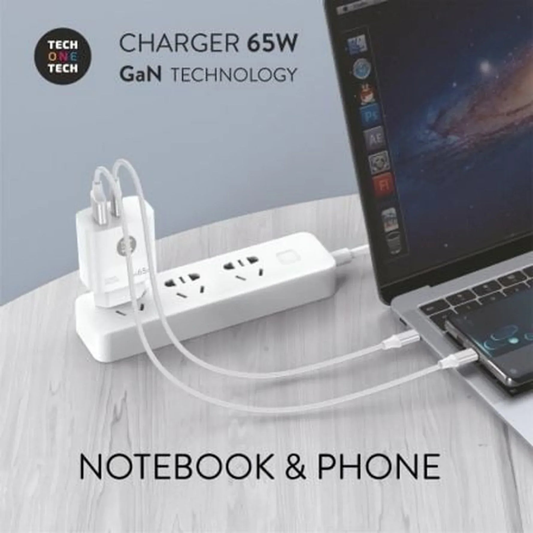 Cargador de Pared GaN Tech One Tech GaN TEC2270/ 1xUSB Tipo-C/ 1xUSB/ 65W/ Blanco - PixelPlaza