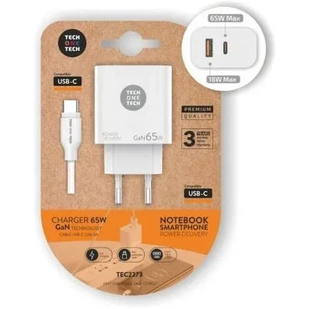 Cargador de Pared GaN Tech One Tech PD TEC2273 / 1xUSB Tipo-C/ 1xUSB/ 65W - PixelPlaza