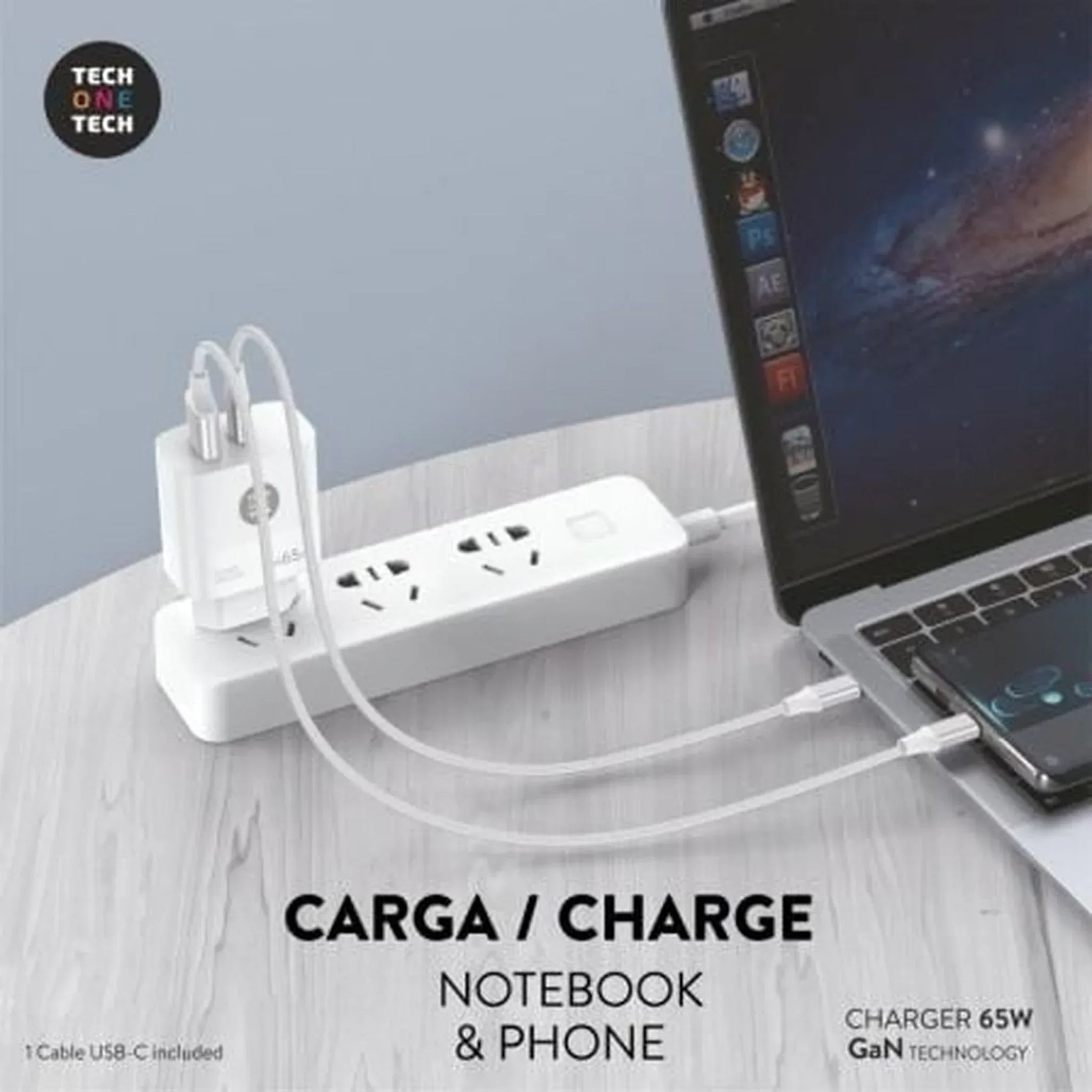 Cargador de Pared GaN Tech One Tech PD TEC2273 / 1xUSB Tipo-C/ 1xUSB/ 65W - PixelPlaza