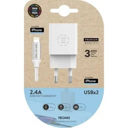 Cargador de Pared Tech One Tech TEC2402/ 2xUSB + Cable Lightning/ 12W/ Blanco - PixelPlaza