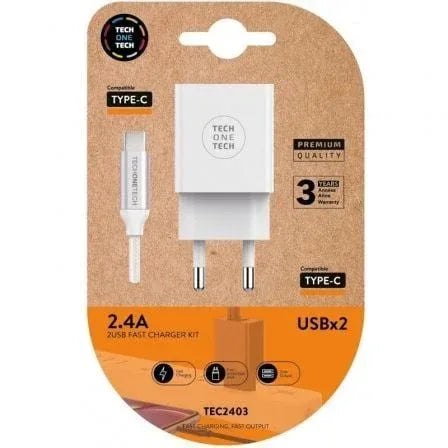 Cargador de Pared Tech One Tech TEC2403/ 2xUSB + Cable USB Tipo-C/ 12W/ Blanco - PixelPlaza