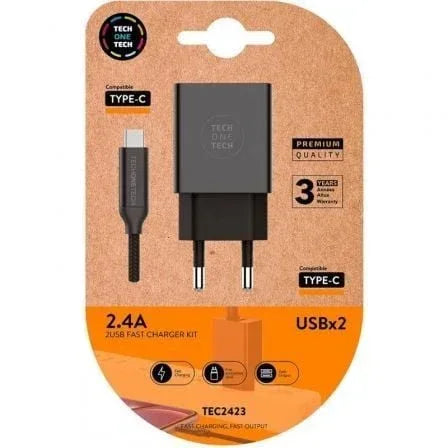 Cargador de Pared Tech One Tech TEC2423/ 2xUSB + Cable USB Tipo-C/ 12W/ Negro - PixelPlaza