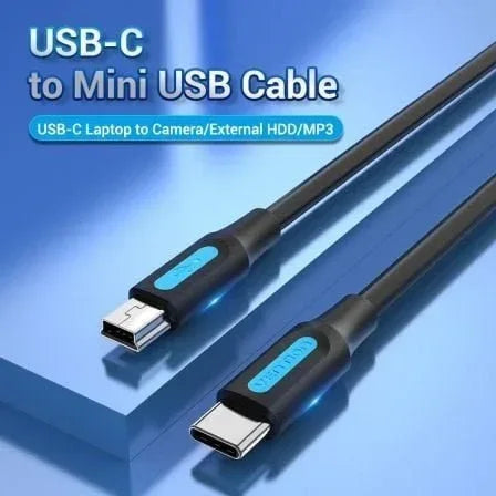 Cable USB 2.0 Tipo-C Vention COWBF/ USB Tipo-C Macho - MiniUSB Macho/ 480Mbps/ 1m/ Negro - PixelPlaza