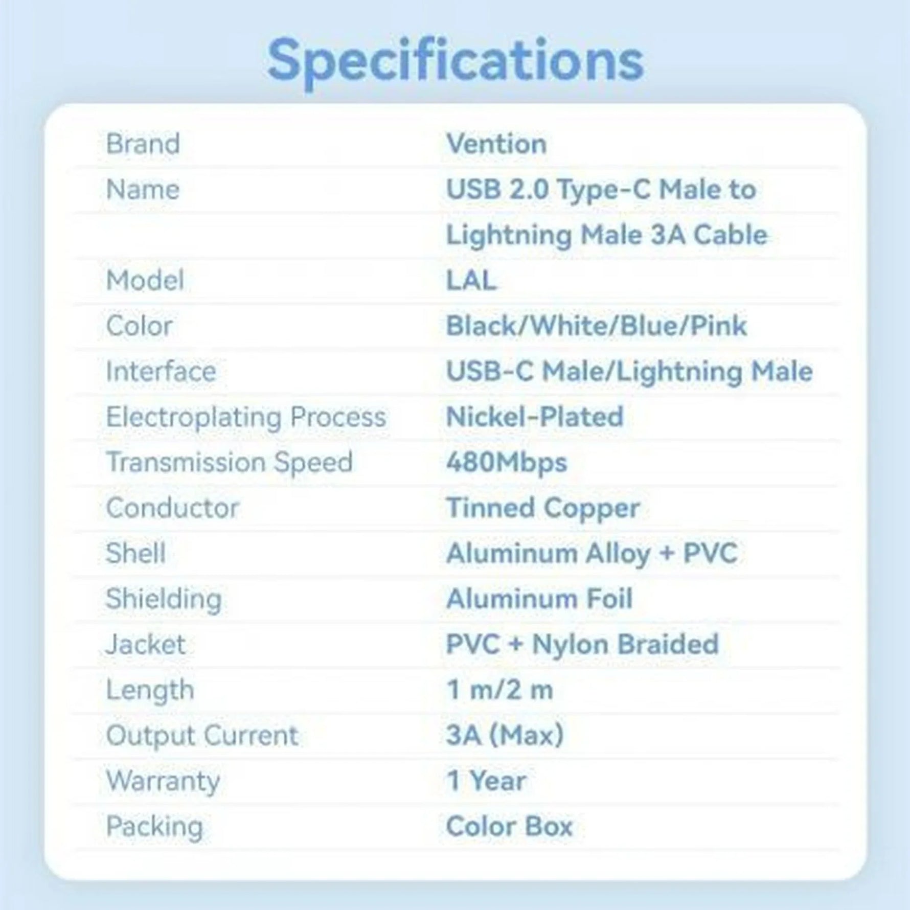 Cable USB Tipo-C Lightning Vention LALSF/ USB Tipo-C Macho - Lightning Macho/ 27W/ 480Mbps/ 1m/ Azul - PixelPlaza