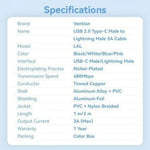 Cable USB Tipo-C Lightning Vention LALWF/ USB Tipo-C Macho - Lightning Macho/ 27W/ 480Mbps/ 1m/ Blanco - PixelPlaza