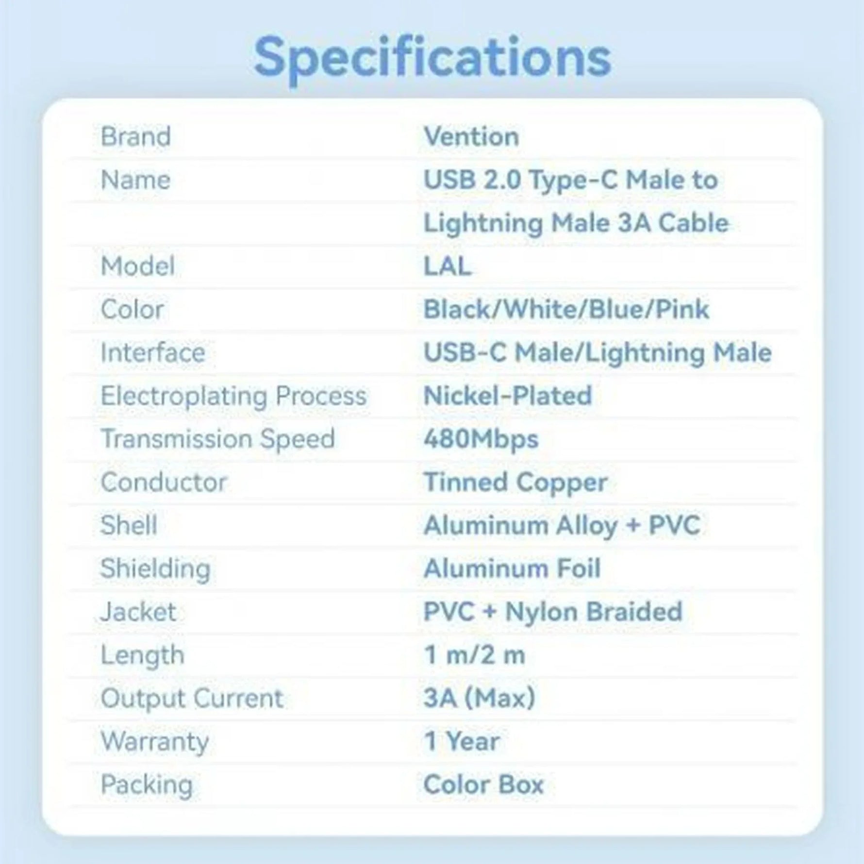 Cable USB Tipo-C Lightning Vention LALWF/ USB Tipo-C Macho - Lightning Macho/ 27W/ 480Mbps/ 1m/ Blanco - PixelPlaza