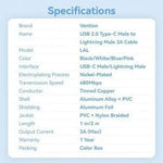 Cable USB Tipo-C Lightning Vention LALWF/ USB Tipo-C Macho - Lightning Macho/ 27W/ 480Mbps/ 1m/ Blanco - PixelPlaza