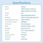 Cable USB Tipo-C Lightning Vention LALWH/ USB Tipo-C Macho - Lightning Macho/ 27W/ 480Mbps/ 2m/ Blanco - PixelPlaza