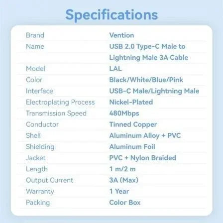 Cable USB Tipo-C Lightning Vention LALWH/ USB Tipo-C Macho - Lightning Macho/ 27W/ 480Mbps/ 2m/ Blanco - PixelPlaza