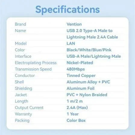 Cable USB Lightning Vention LANBF/ USB Macho - Lightning Macho/ 480Mbps/ 1m/ Negro - PixelPlaza