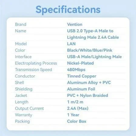 Cable USB 2.0 Lightning Vention LANSF/ USB Macho - Lightning Macho/ 480Mbps/ 1m/ Azul - PixelPlaza