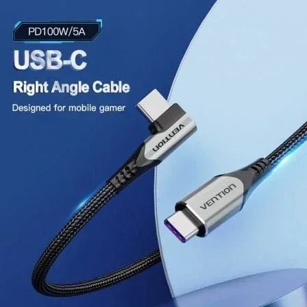 Cable USB 2.0 Tipo-C 90º Vention TAKHF/ USB Tipo-C Macho - USB Tipo-C Macho/ Hasta 100W/ 480Mbps/ 1m/ Gris - PixelPlaza