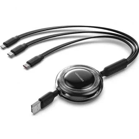 Cable USB Retráctil Vention TRJBBE/ USB Macho - Lightning/ 2xUSB Tipo-C/ Hasta 17.5W/ 10Gbps/ 1.1m/ Negro - PixelPlaza