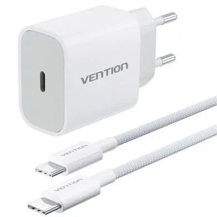 Cargador de Pared GaN Vention G12W0-EU/ 1xUSB Tipo-C + Cable USB Tipo-C/ 1xUSB/ 20W - PixelPlaza