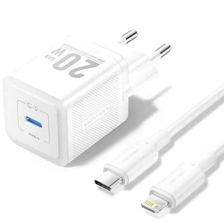 Cargador de Pared GaN Vention TZ-FEPW0-EU-02/ 1xUSB Tipo-C + Cable Lightning/ 20W - PixelPlaza