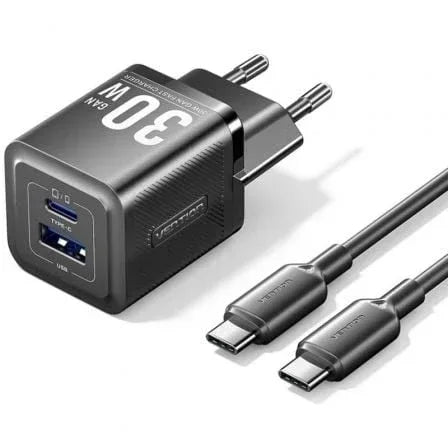 Cargador de Pared GaN Vention TZ-FEQB0-EU-01/ 1xUSB Tipo-C/ 1xUSB + Cable USB Tipo-C/ 30W - PixelPlaza