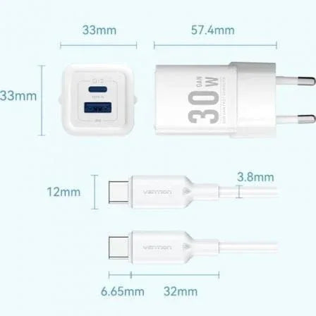 Cargador de Pared GaN Vention TZ-FEQW0-EU-01/ 1xUSB Tipo-C/ 1xUSB + Cable USB Tipo-C/ 30W - PixelPlaza