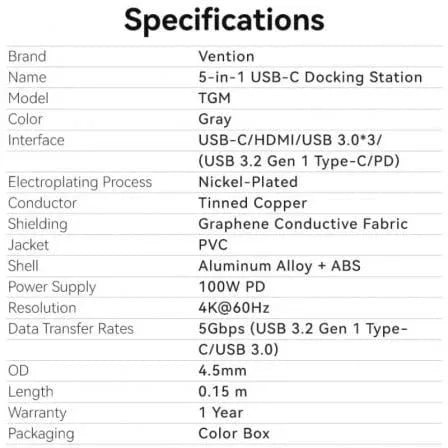 Docking USB Tipo-C Vention TGMHB/ 3xUSB/ 1xHDMI 4K/ 1xUSB Tipo-C PD - PixelPlaza