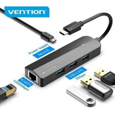 Hub USB Tipo-C Vention TGPBB/ 3xUSB/ 1xRJ45/ 1xMicro B PD/ Negro - PixelPlaza