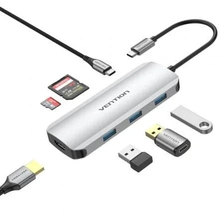 Docking USB Tipo-C Vention TOJHB/ 1xHDMI 4K/ 3xUSB/ 1xUSB Tipo-C/ 1xLector tarjetas/ Gris - PixelPlaza