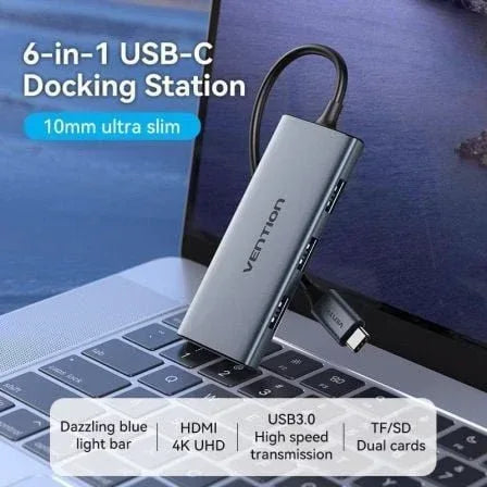 Docking USB Tipo-C Vention TOOHB/ 1xHDMI 4K/ 3xUSB/ 1xLector Tarjetas/ Gris - PixelPlaza