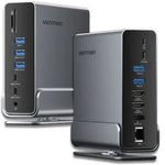 Docking USB Tipo-C Vention TPUH0/ 2xHDMI 4K/ 1xDisplayPort/ 3xUSB Tipo-C/ 5xUSB/ 1xRJ45/ 1xLector de Tarjetas/ 1xJack 3.5/ 1xUSB Tipo-C PD/ Gris - PixelPlaza