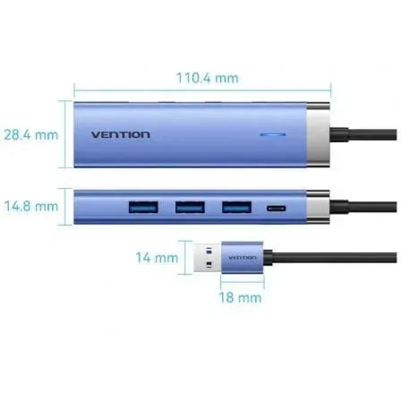 Hub USB 3.0 Vention TGFSB/ 3xUSB/ 1xRJ45/ 1xUSB Tipo-C PD - PixelPlaza