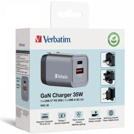 Cargador de Pared Universal GaN para Viaje Verbatim GNC-35/ 1xUSB Tipo-C/ 1xUSB/ 35W - PixelPlaza