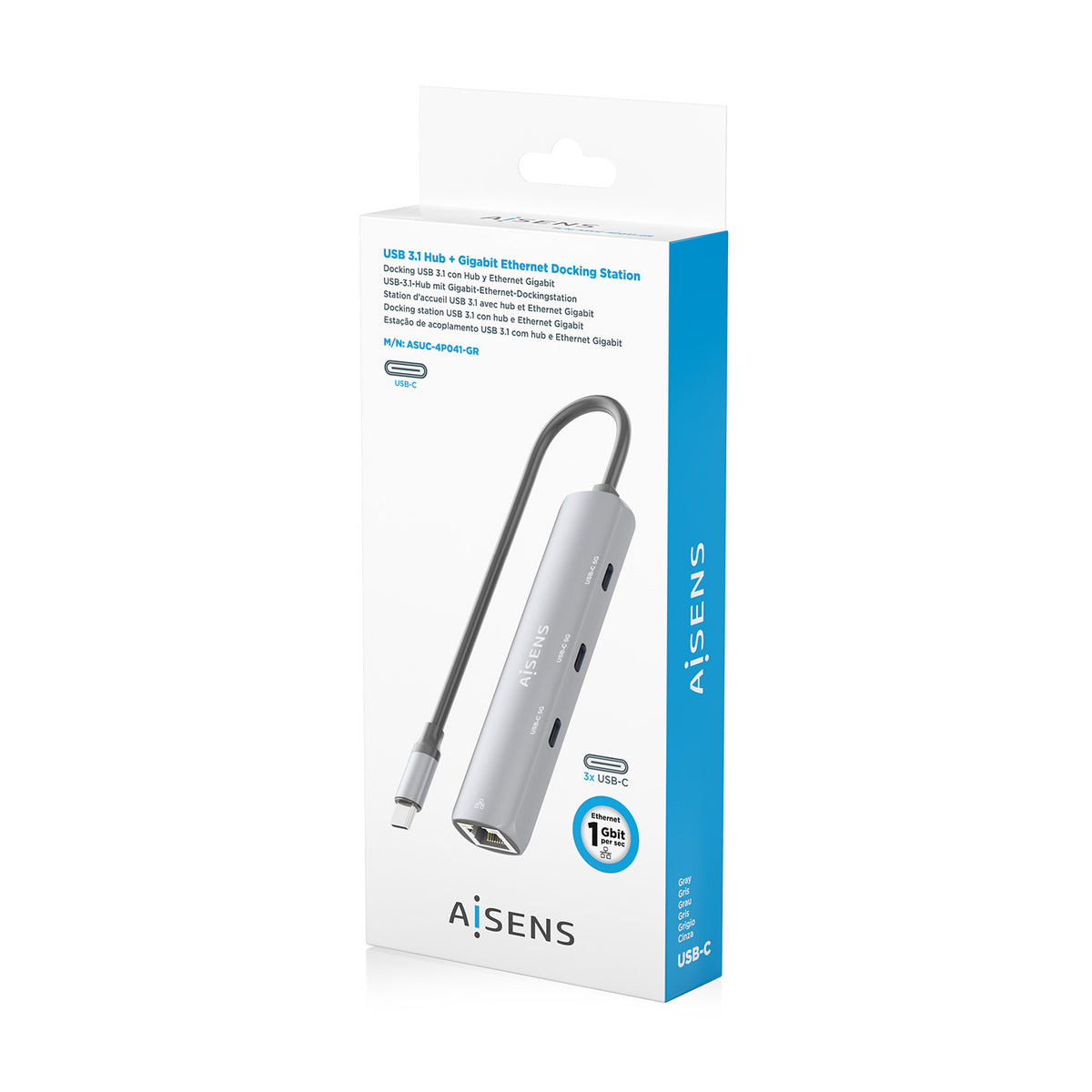 Hub USB Tipo-C Aisens ASUC-4P041-GR/ 3xUSB Tipo-C/ 1xRJ45/ Gris