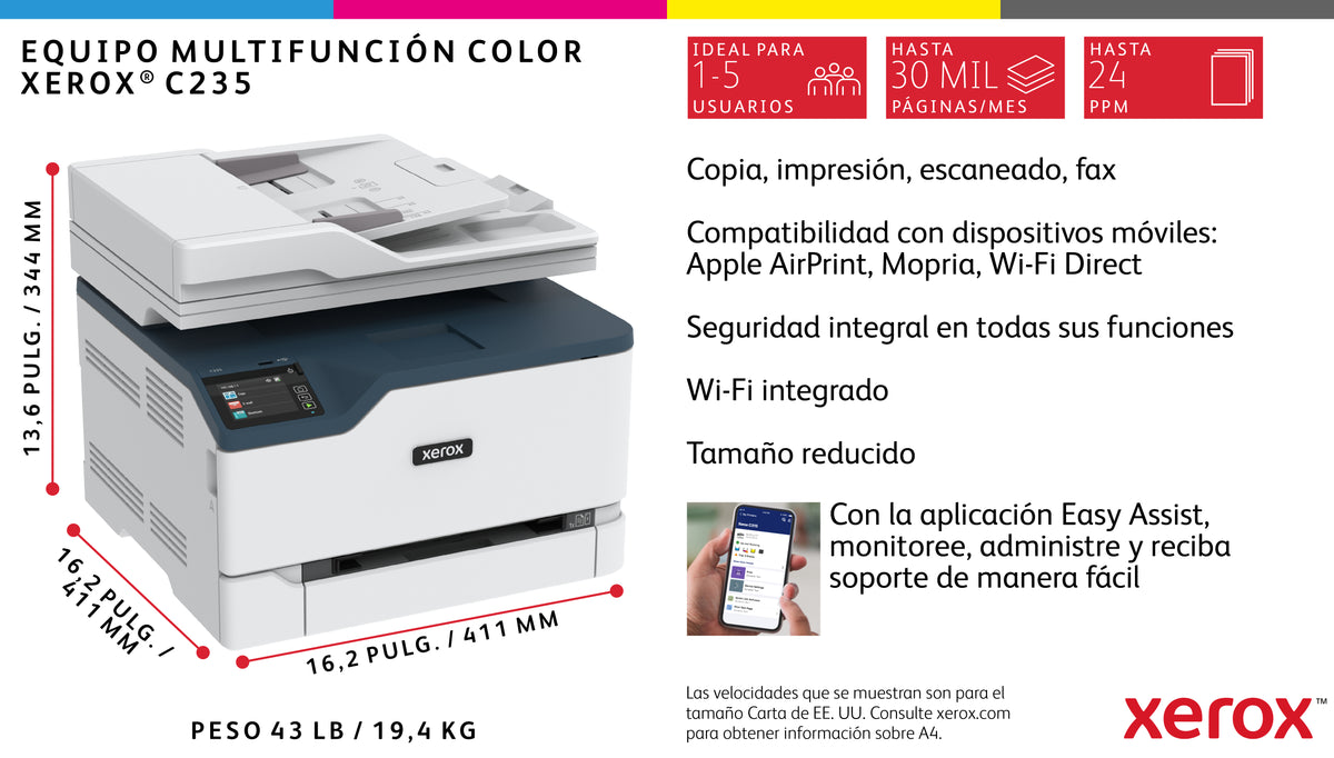 Multifuncion Xerox laser c235v_dni color a4 · 22ppm · red · WiFi · duplex