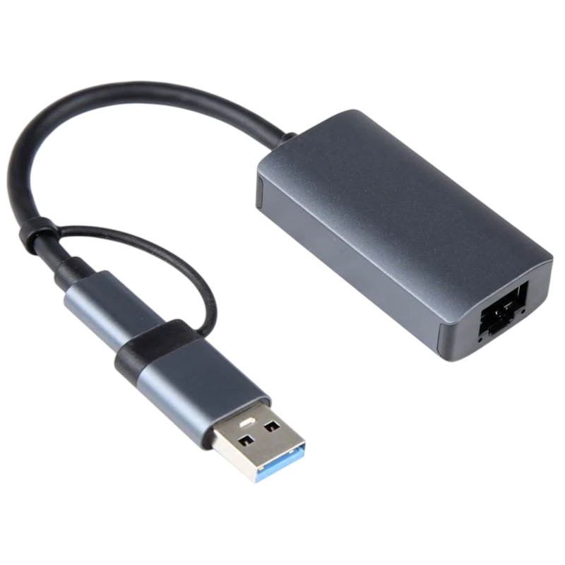 BYL-2207 2 en 1 USB 3.0+Tipo-C a RJ45 Gris Adaptador
