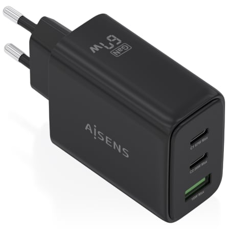 Cargador de Pared GaN Aisens ASCH-67W3P087-BK/ 2xUSB Tipo-C/ 1xUSB/ 67W