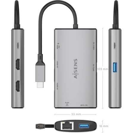 Docking USB Tipo-C Aisens ASUC-7P049-GR/ 2xHDMI 4K/ 1xRJ45/ 2xUSB/ 1xUSB Tipo-C/ 1xUSB Tipo-C PD/ Gris