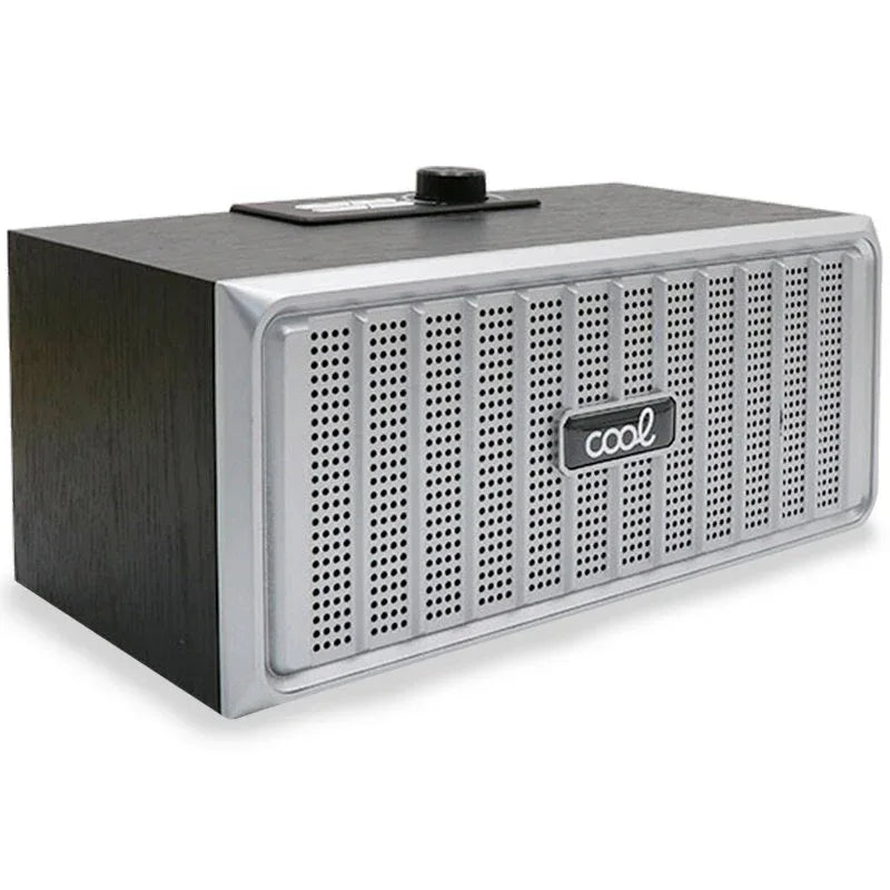 Altavoz Música Universal Bluetooth Marca COOL Retro (20W) Madera Negro Frontal Plata - PixelPlaza