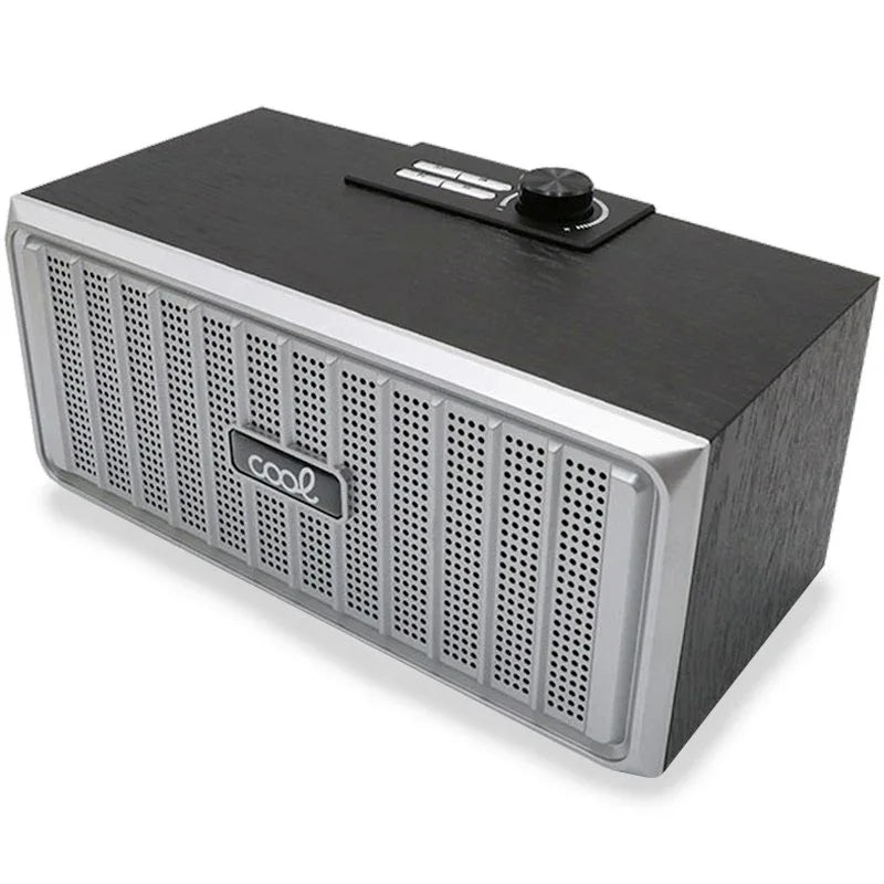 Altavoz Música Universal Bluetooth Marca COOL Retro (20W) Madera Negro Frontal Plata - PixelPlaza